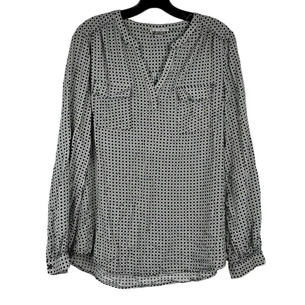Dalia Collection Large Polka Dot V-neck Front Pocket Blouse Large
